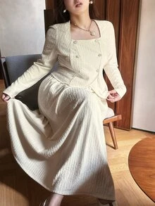 Dazy Plus Solid Color Elegant Double-Breasted Long Sleeve Fitted Top & A-Line Long Skirt 2 Pieces Set, Casual Commute Spring/Autumn - Apricot - View 1