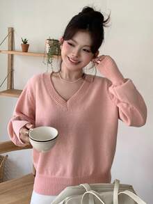 Dazy Plus Solid Color Slouchy Pink Loose Short Pullover Sweater For Girls, Casual Autumn/Winter - Baby Pink - View 4