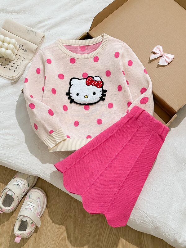 HELLO KITTY AND FRIENDS | SHEIN Playful Pals 2pcs Young Girl Cute Cartoon Decor Polka Dot Long Sleeve Sweater And Knitted Skirt, Autumn/Winter