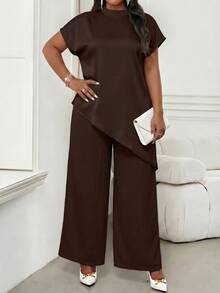 SHEIN Lady Plus Size Women Solid Color Asymmetrical Hem Top Dinner Formal Party Brown Summer Elegant - Brown - View 4
