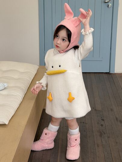DAZY Infant (Girl) Round Neck Layered Cartoon Duck Cute One-Piece Dress