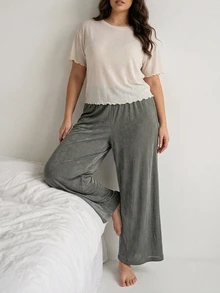 Dazy Plus 2pcs Solid Color Casual Loose Long Pants Early Autumn Spring Home Wear Set - Apricot - View 8