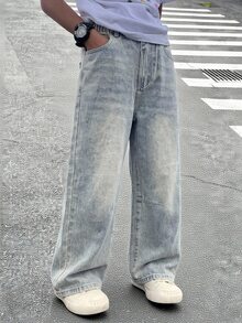 Genkimix Kids Denimly 青少年男孩休閒日常都市街頭直筒牛仔褲，彈性腰頭、拉鍊門襟、破洞設計 - 淺色水洗藍 - 查看 4