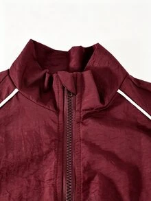 SHEIN 2件組時尚休閒女童/青少年女孩新款黑色針織拼接白色飾邊拉鍊立領夾克與配套黑色寬鬆白色飾邊小字母裝飾長褲，適合春秋冬季，戶外、旅行、街頭風、休閒、居家、校園、日常穿著 - 酒紅色 - 查看 3