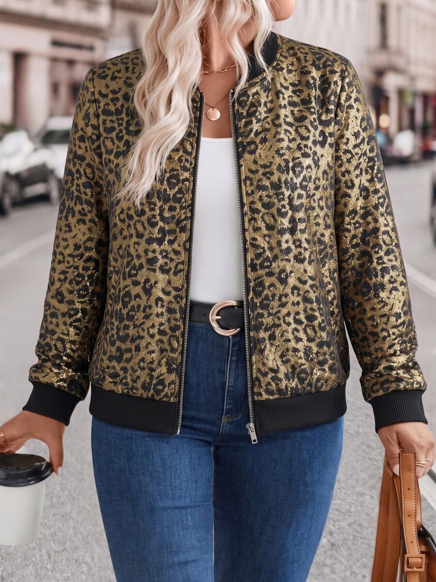 EMERY ROSE Plus Size Women Shiny Leopard Print Short Open‑Front Jacket, Elegant Autumn Winter Outerwear For Evening Outings & Holiday Parties - Black - View 1