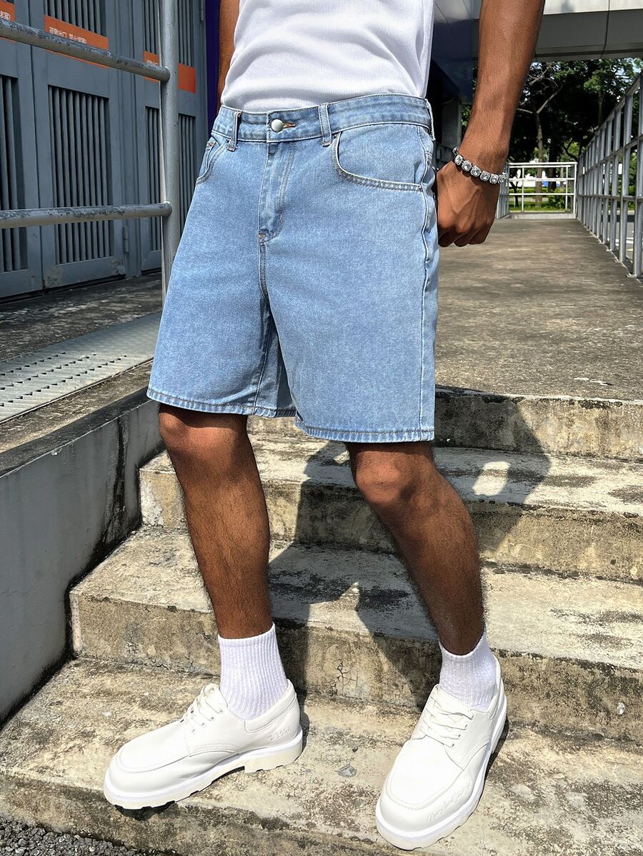GALLERY FADE Men's Fashion Street Button Pocket Denim Shorts - Blue - View 1