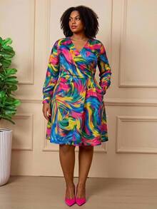 BrightlyHer Plus Size Women's Colorful Tie-Dye Print V-Neck Long Sleeve Cross Front Casual Dress Fall 2026 - Multicolor - View 6