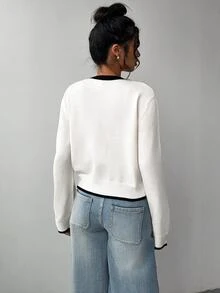 SHEIN BASICS Women's Contrast Trim Thin Cardigan - White - View 7