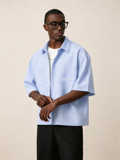 STYNVO Men's Summer Casual Streetwear Plaid Shirt Vacation Light Blue