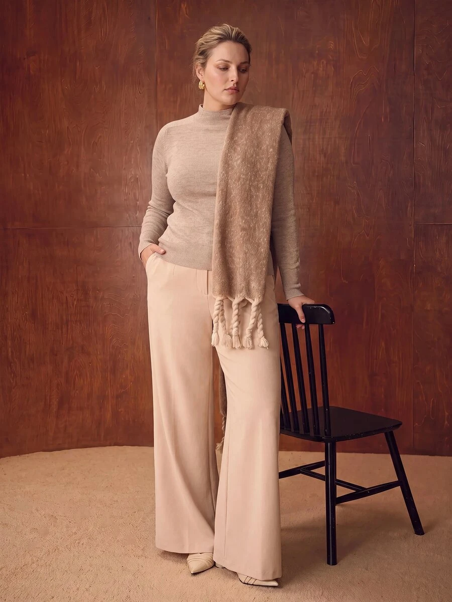 MOTF PREMIUM PLUS SIZE WOMEN'S COMMUTER VERSATILE SOLID COLOR FUNNEL NECK SWEATER - Apricot - View 1