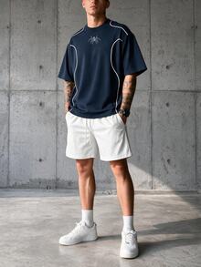 Sport MetroGents 男士圓領蜘蛛印花短袖T恤，黑色底色配白色線條對比設計，休閒百搭運動上衣 - 藏蓝色 - 查看 4