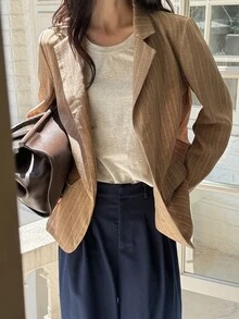DAZY 女款條紋休閒百搭日常長袖外套 - 杏色 - 查看 4