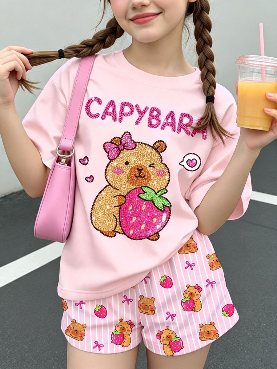 Tween女孩休閒極簡可愛亮面紋理水豚圖案奶油粉短袖上衣與短褲兩件套,適合夏季,圖案設計,Kawaii,女孩套裝,Y2K,舒適,返校,度假 - 彩色 - 查看 1