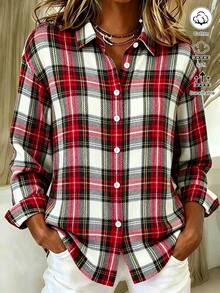 SHEIN New Elegant Preppy 70s Casual Autumn Formal Basic Long Sleeve Plaid Commuter Simple Red And White Plaid Women's Shirts Weekend Everyday Thanksgiving - Multicolor - View 1