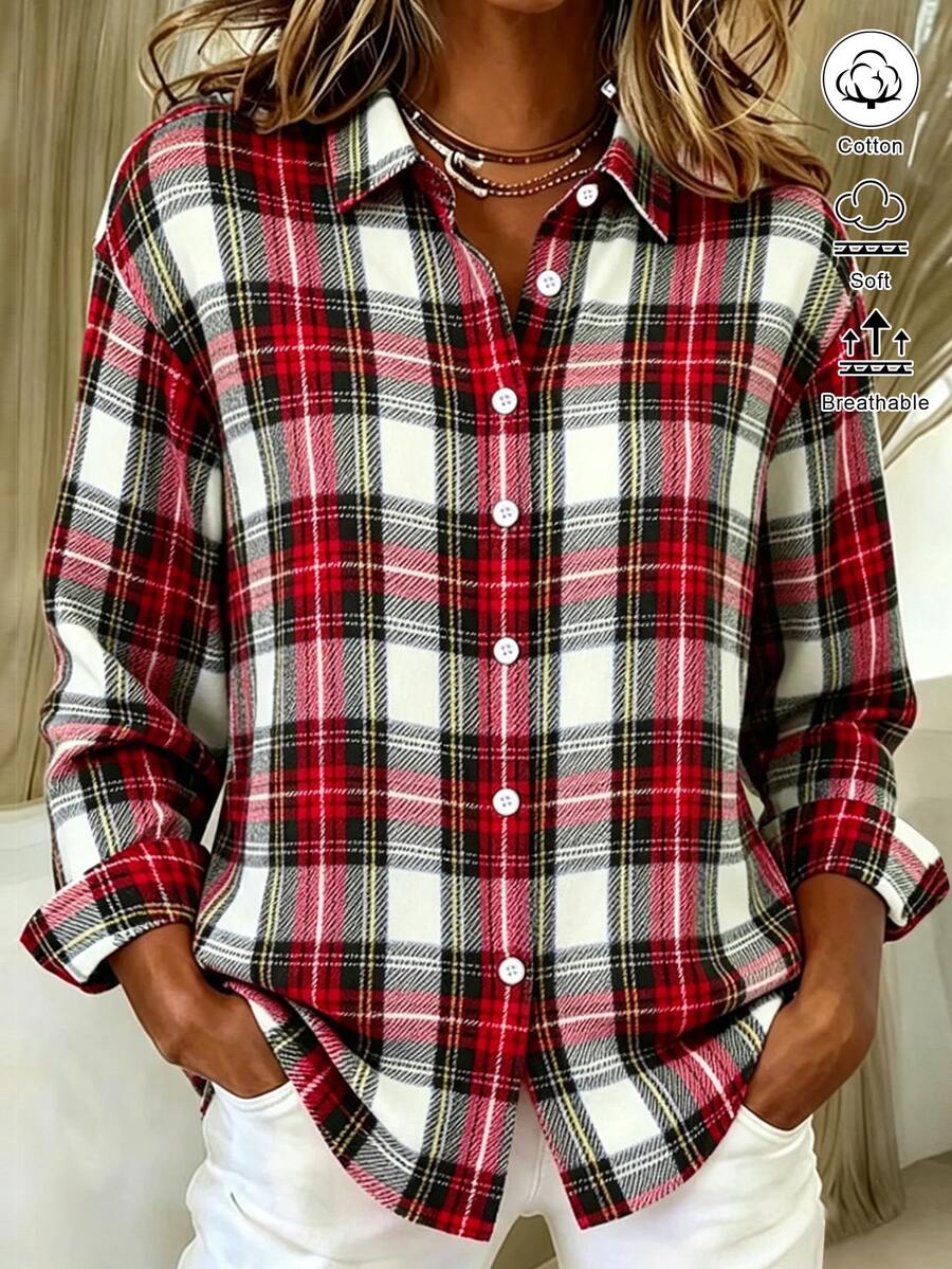 SHEIN New Elegant Preppy 70s Casual Autumn Formal Basic Long Sleeve Plaid Commuter Simple Red And White Plaid Women's Shirts Weekend Everyday Thanksgiving - Multicolor - View 1