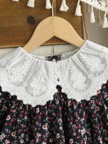 SHEIN 女童秋季碎花寬鬆長袖洋裝，彈性袖口、精緻領口、後開口設計，黑色仙女公主風禮物 - 黑色 - 查看 7