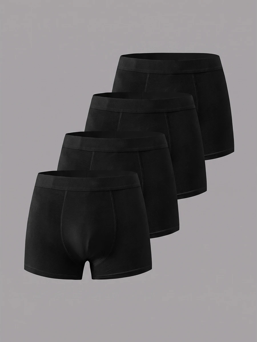 SHEIN Celana Dalam Boxer Anak Laki-Laki Remaja (Tween Boy) Sederhana, Nyaman, Kasual, Pinggang Elastis, Ramah Kulit, Isi 4 Buah - Hitam - View 1