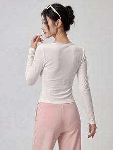 DAZY Women's Minimalist Front Knot Ruched Long Sleeve Sports T-Shirt Fall - White - View 9
