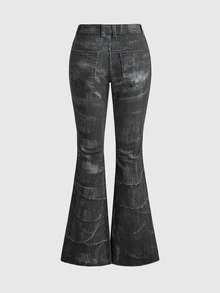 ROMWE Grunge Punk Celana Jeans Flare Wanita Kasual Serbaguna untuk Pemakaian Sehari-hari dengan Saku Kancing - Hitam - View 2