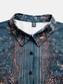 Linhara CURVE Plus Size Women's Bohemian Vintage Print Woven Shirt, Spring/Autumn, Lapel Collar, Half-Button Front, Loose Fit, Dropped Shoulder, Relaxed Casual Style - Blue - View 3