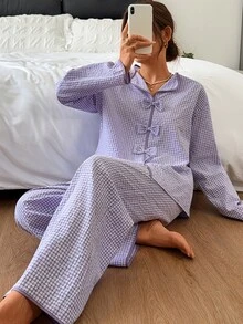 Livesso Spring/Autumn White Women's Style Bow Decor Loose Split Leg Pajama Set - Purple - View 1