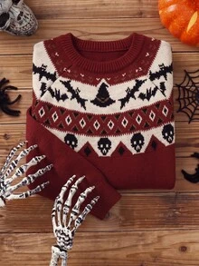 Elamini Women's Burgundy Holiday Autumn/Winter Spooky Halloween Pattern Sweater. Halloween Essentials. - Multicolor - View 1