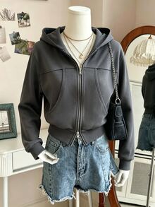INAWLY Double Zip Hooded Crop Sweatshirt, Long Sleeve Pocket Casual Fitted Zip Up Jacket - Grey - View 1