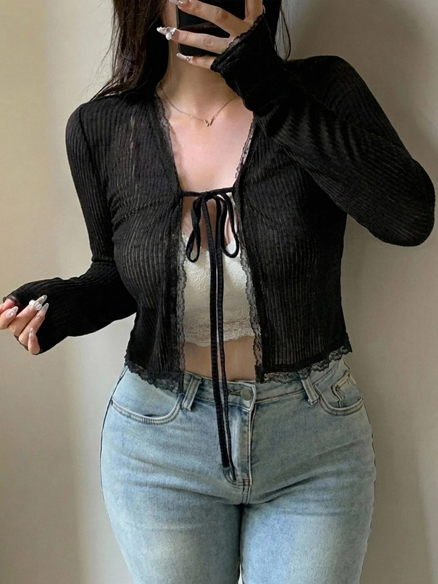 Dazy Plus Korean Style Casual Lace-Up Front Short Cardigan Top For Women - Black - View 1