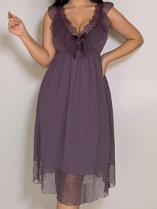 Dazy Plus Romantic Mesh & Lace Patchwork Ruffle Backless Camisole Nightgown - Purple - View 6