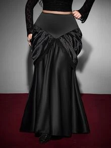 Whyspr Plus Size Black Lace Patchwork High Waist A-Line Halloween Skirt - Black - View 6