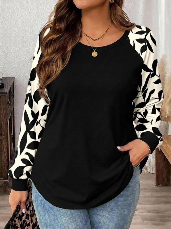 Comfylo Plus Plant Print Contrast Raglan Sleeve Tee Fall