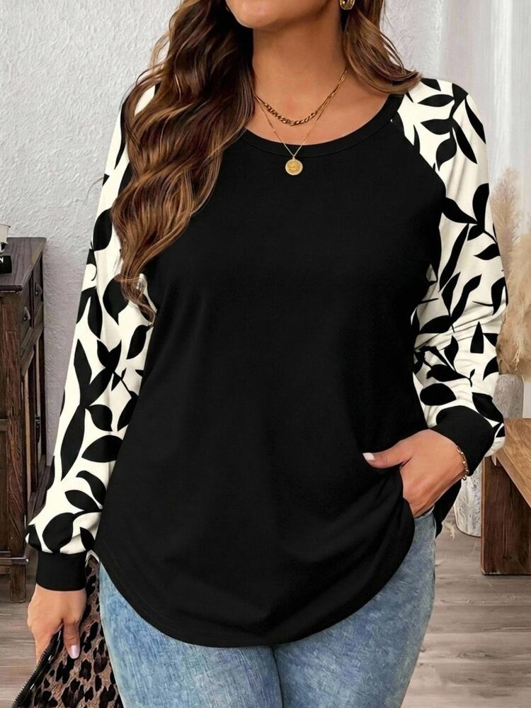 Comfylo Áo thun tay raglan phối màu họa tiết cây cối size lớn - Nhiều màu - Xem 1