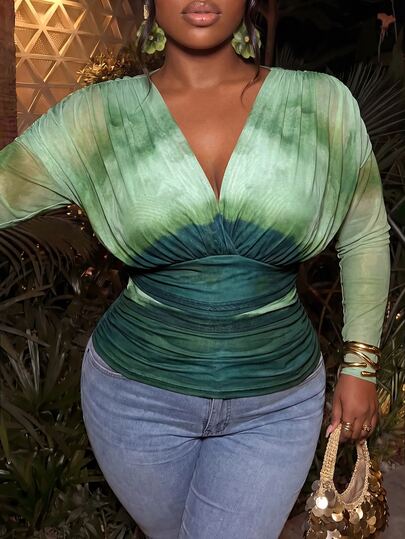 Firerie Deep V-Neck Ruched Cinched Waist Back Tie Green Gradient Tie Dye Casual Vacation Plus Size Spring Autumn High Elastic Mesh Double Layer Long Sleeve T-Shirt