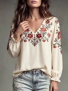 OPHERINE Women's Autumn Casual Floral Print Top - Apricot - View 6