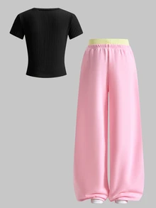 SHEIN 少女休閒百搭居家服 北歐風舒適針織圓領無袖短版背心 + 對比色雙腰帶運動長褲套裝 - 黑色 - 查看 9