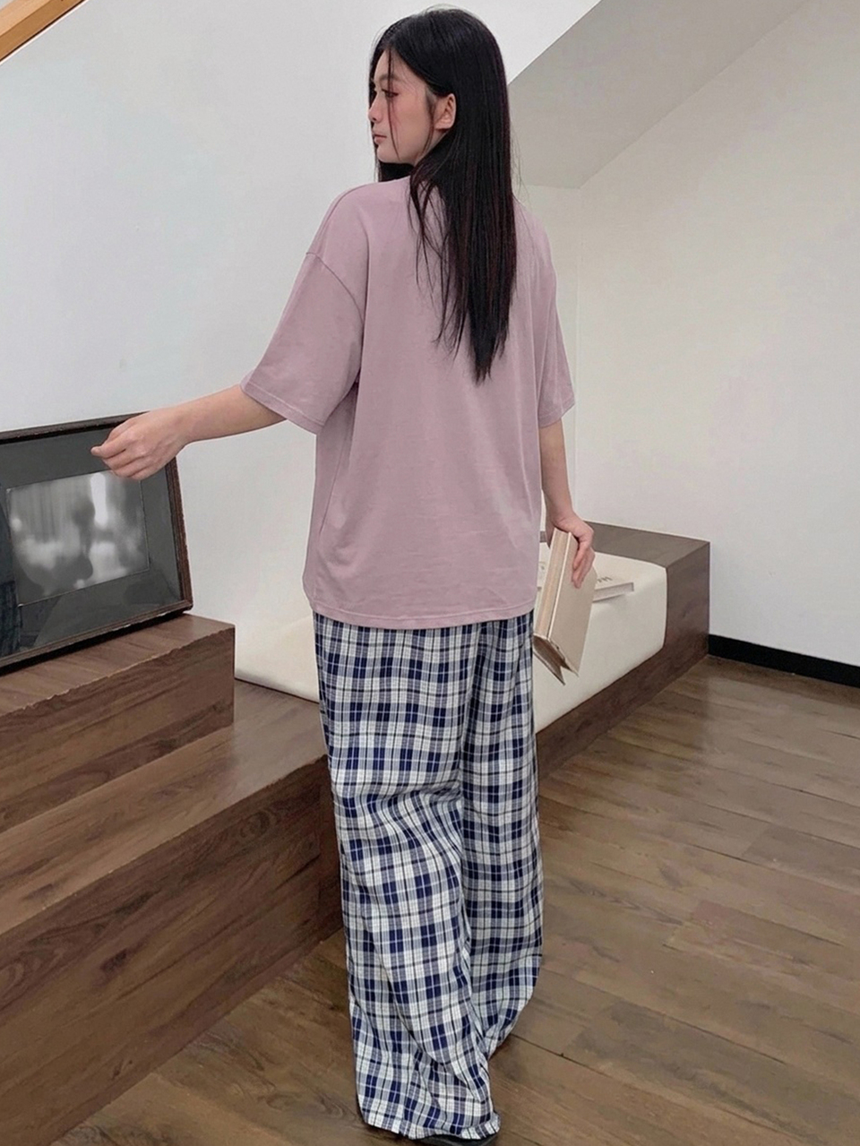 Dazy Plus Casual Home Wear Short Sleeve Loose Top Plaid Long Pants Pajama Set Spring Summer Plus Size Women