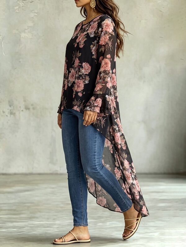 Linhara CURVE Plus Size Women's Boat Neck Ruffle Long Sleeve Asymmetrical Hem Black Chiffon Printed Blouse, Casual, Vacation, Commute, Daily Wear, Versatile