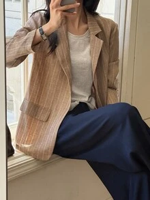 DAZY 女款條紋休閒百搭日常長袖外套 - 杏色 - 查看 6