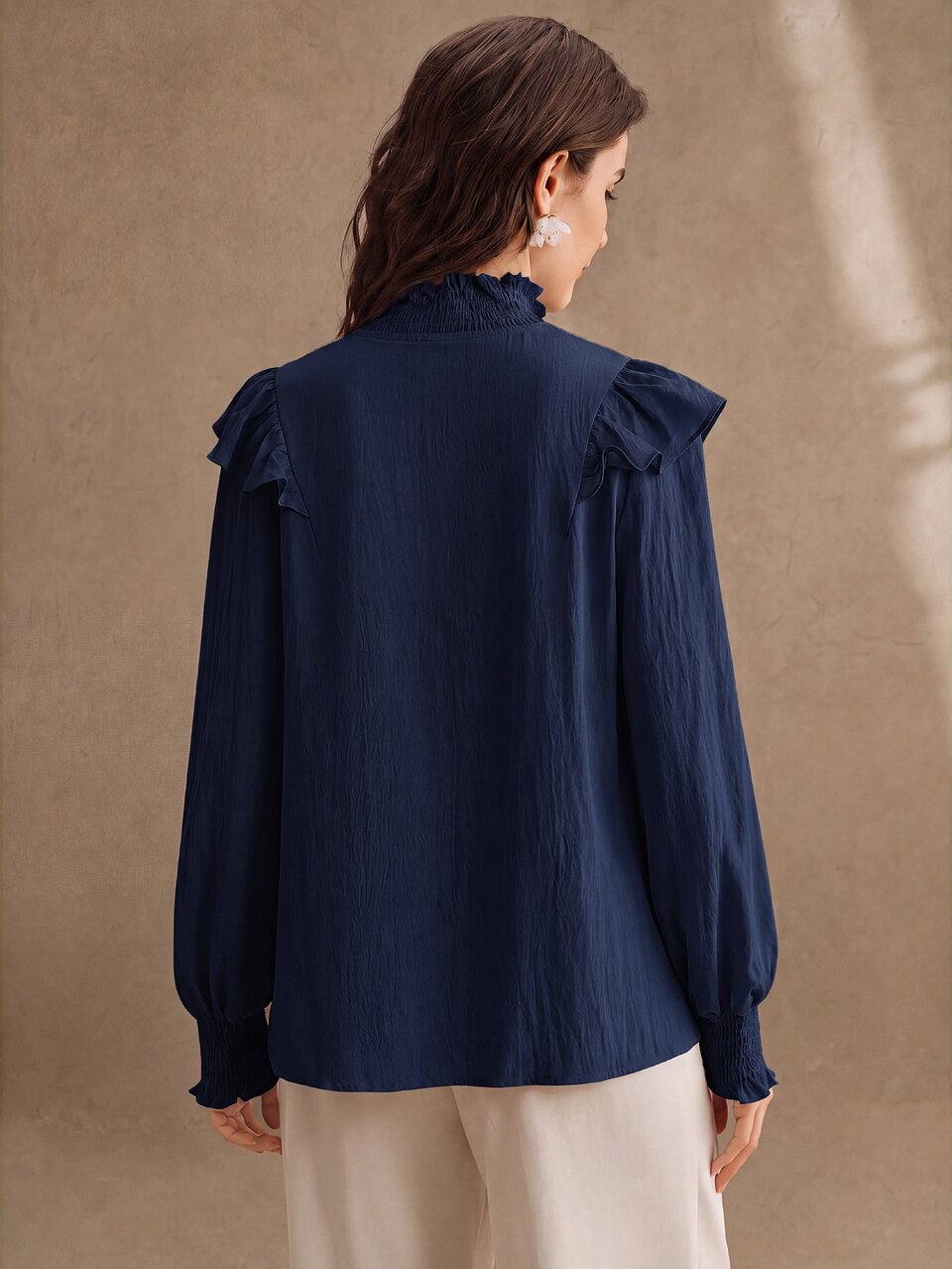 Women's New Pink Stand Collar Ruffle Patchwork Lace French Romantic Ruffle Long Sleeve Blouse