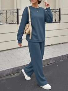 SHEIN 秋季休閒純色運動衫與運動長褲2件套 - 藍色 - 查看 4