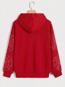 SHEIN EZwear 女款休閒拉鍊寬鬆連帽衛衣，蜘蛛印花，秋季服飾，Y2K通勤穿搭，基礎款，復古，萬聖節裝扮，紅白色 - 彩色 - 查看 5