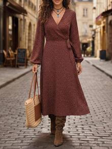 Brillora Brown And White Polka Dot Wrap Midi Dress, Long Sleeve V‑Neck For Summer Commute,Wrap Design, Clothes,Office Vacation Outfits,Christmas Boho - Brown - View 10