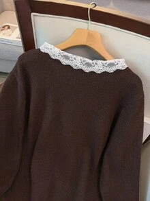 GlowEve CURVE Women's Autumn New Single Piece Round Neck Lace Trim Patchwork Pearl Button Sweet Date Fashion Versatile Knit Daily Commute Lady Loose Short Knit Cardigan Plus Size Top - Coffee Brown - View 11