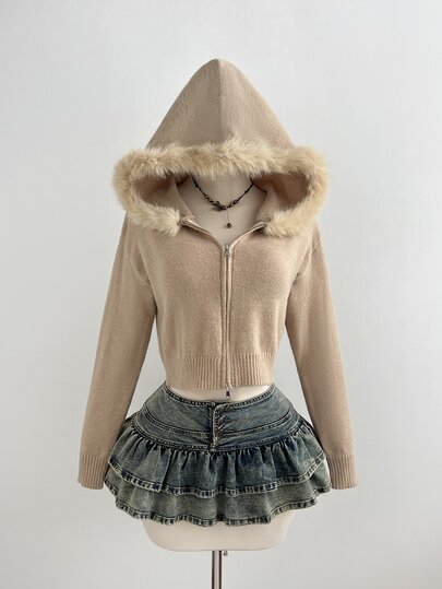 Elamini Women's Autumn/Winter Lazy Fashion Versatile Minimalist Casual Daily Date Fur Collar Hooded Cardigan