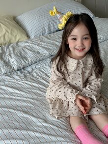 DAZY 嬰兒女童圓領條紋舒適韓風春夏四季居家休閒服 - 米色 - 查看 5