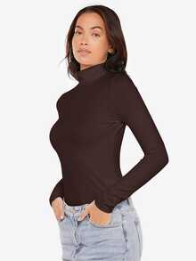 SHEIN BASICS High Neck Long Sleeves Rib-Knit Form Fitted Tee Tops For Women Black Tops - Coffee Brown - View 3