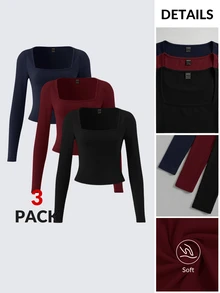 SHEIN BASICS 3件組女款純色針織長袖修身方領短版T恤，夏季服飾 - 彩色 - 查看 10
