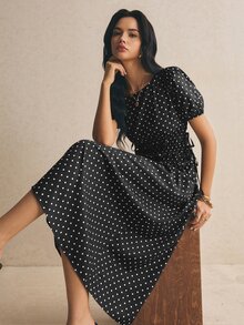 Poéselle Vestido largo casual de mujer con lunares y plisado para fiesta y viaje - Negro - Ver 9