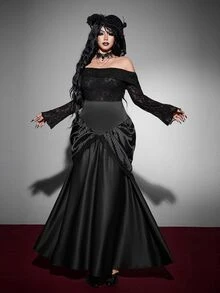 Whyspr Plus Size Black Lace Patchwork High Waist A-Line Halloween Skirt - Black - View 4