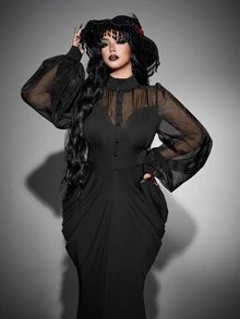 Whyspr Plus Size Black Fitted Long Sleeve Patchwork Halloween Long Dress For Women Fall - Black - View 2